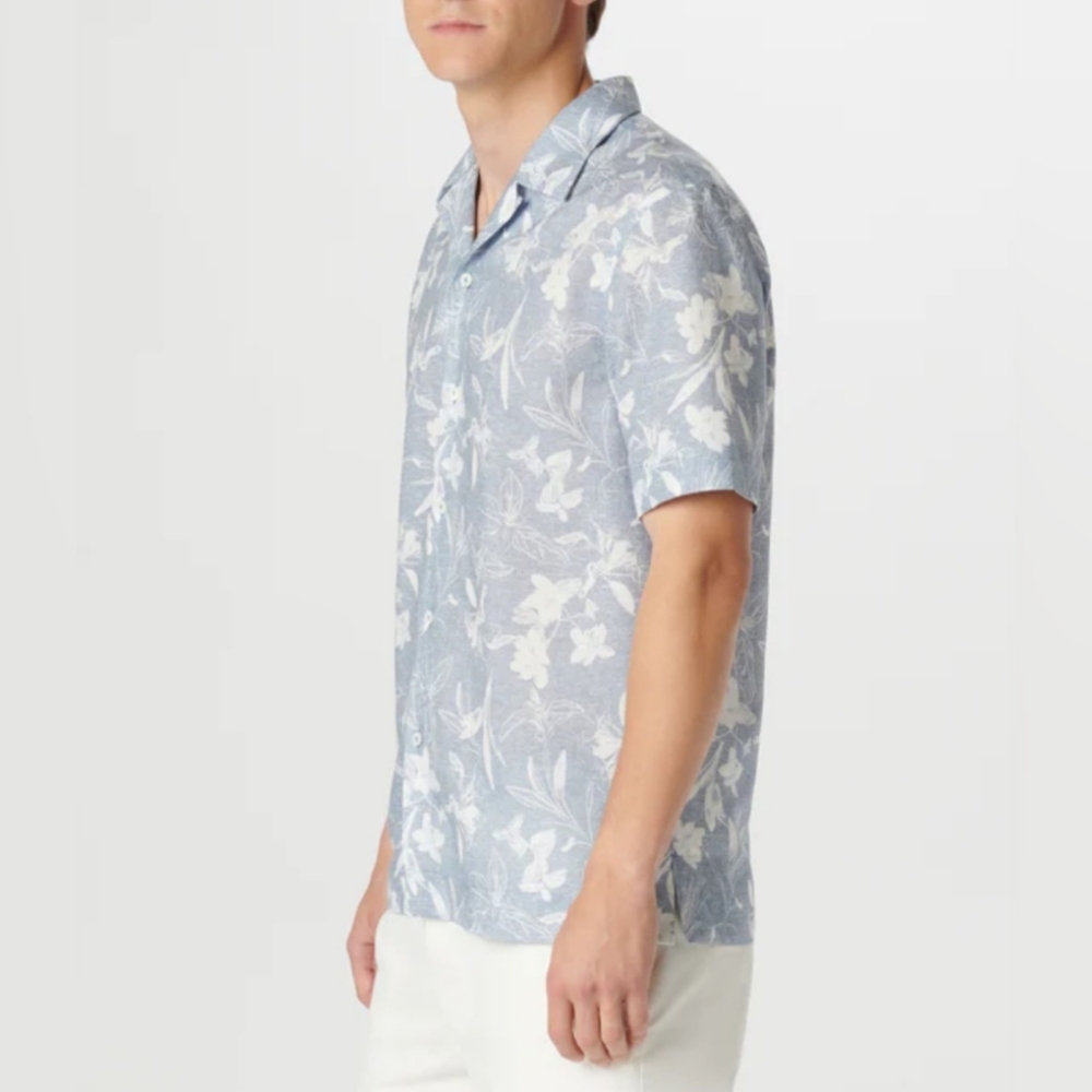 Bugatchi Shirt S Blue Tropical Floral Linen Cotton Jackson Camp Casual New $190